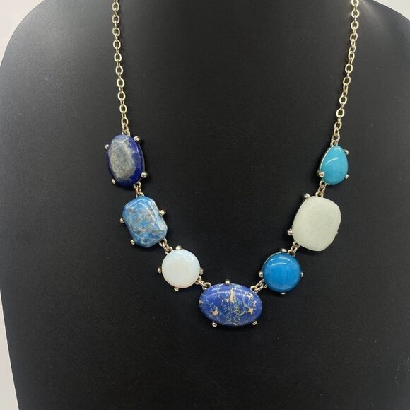 Loft by Ann Taylor Blue Beaded Stone Glass Chain Necklace Gold Tone 17-20 Inches - Picture 3 of 7